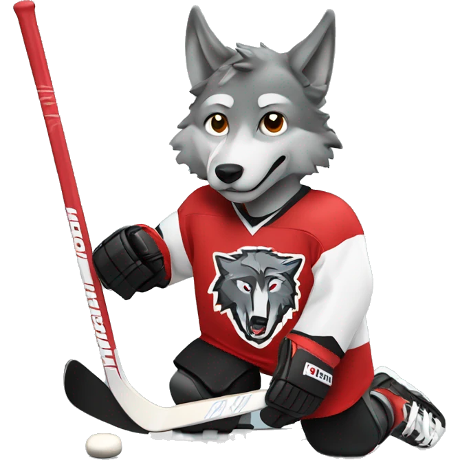 A wolf in a red black and white hockey uniform with a wolf emblem emoji