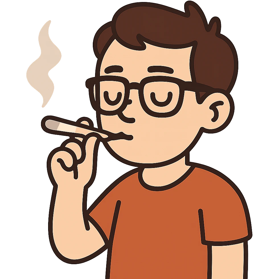 flat toon style app character with black glasses smoking weed emoji