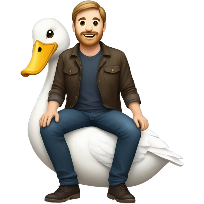 White Man with brunette hair and a short beard riding on the back of a giant duck emoji