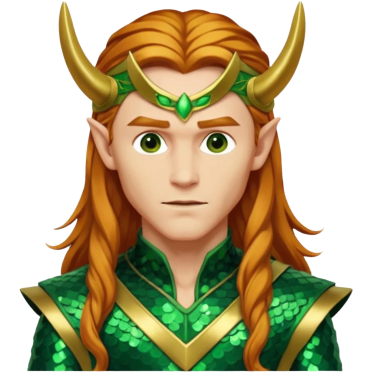 Loki, God of Mischief from Gods and Goddesses with long reddish blonde hair, green and gold sequin outfit emoji
