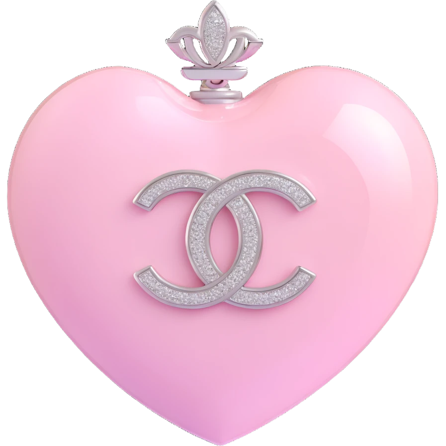 Add a soft pink glow around the glossy white heart with diamond accent and silver Chanel logo, elegant, white and silver color scheme, keep the background transparent except for the glow. emoji