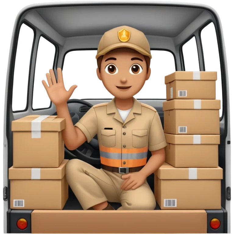 truck with a supplier in work uniform sitting inside, waving hi, lots of packages in the truck emoji