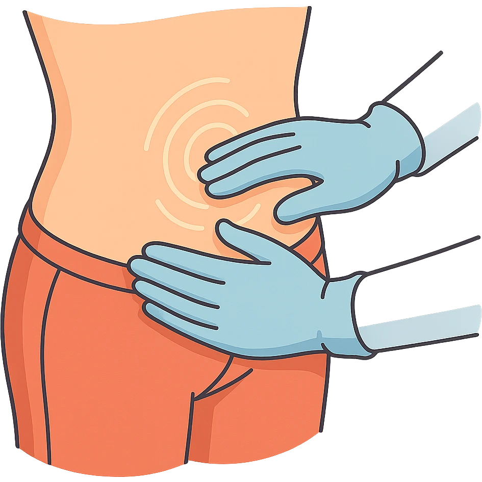 Close-up of a human abdomen with a doctor wearing gloves palpating it. Fingers gently pressing on the abdomen with pressure points highlighted by light circles or waves. The person is wearing pants, side view, 2D isometric style, very detailed, soft rounded shapes, clean contours, pastel palette, refined shadows and highlights, modern illustration, transparent background. emoji