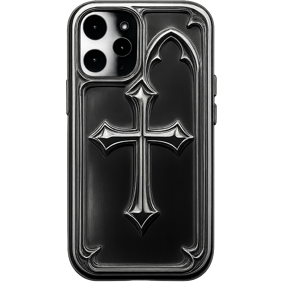 pink and black gothic phone case, metallic shine, reflective, futuristic gothic details, matches gothic purse emoji
