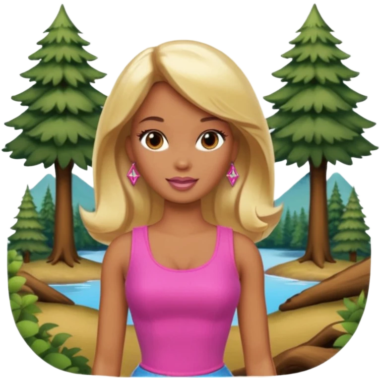 Brown skin blonde hair barbie in front of the woods emoji