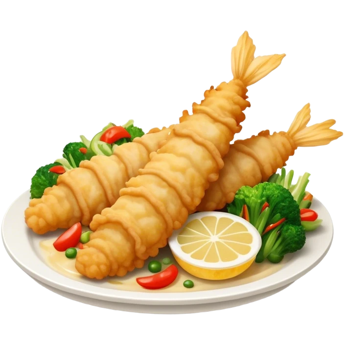 Cinematic Realistic Tempura Dish Emoji, depicted as lightly battered and fried seafood and vegetables rendered with delicate textures and crisp, inviting lighting. emoji