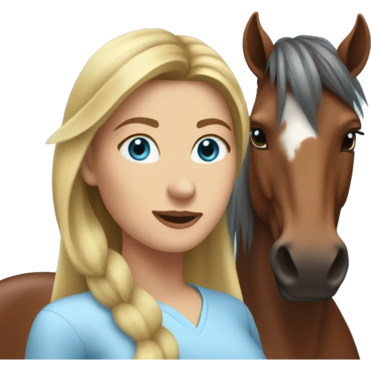 woman with long back hair and light blue eyes next to a sorrel horse emoji