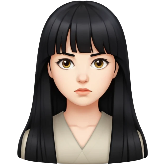 nữ 25 tuổi, da trắng, tóc đen dài, mái 5/5, mặt nghiêm túc emoji