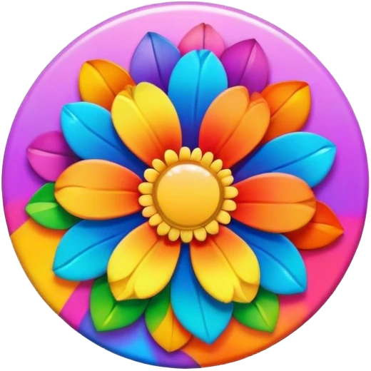 A round psychedelic colored button with rainbow colored flowers in the center emoji