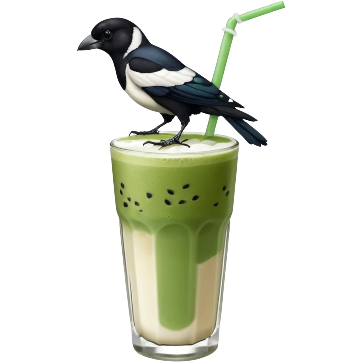It’s an Australien Magpie (just black and white feathers) sitting on an iced matcha latte on the edge of the glass. It has green matcha on its beak indicating it drank. The iced matxha latte is in a see through glass and white from the oat milk on the bottom and green on top… one straw and ice cubes emoji