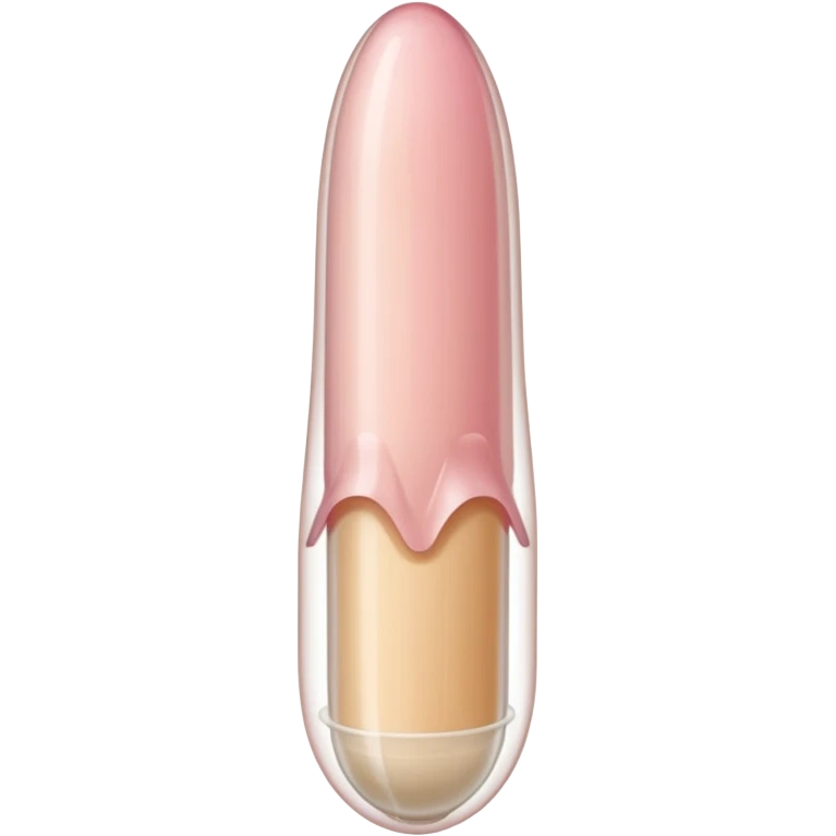 white transparent condom fully covering cylindrical beige-pink colored penis shaft, no face. at top of penis, add glans penis tip, a urethra opening hole/slit line and corona line. at the bottom end/base of penis make it flat.  emoji