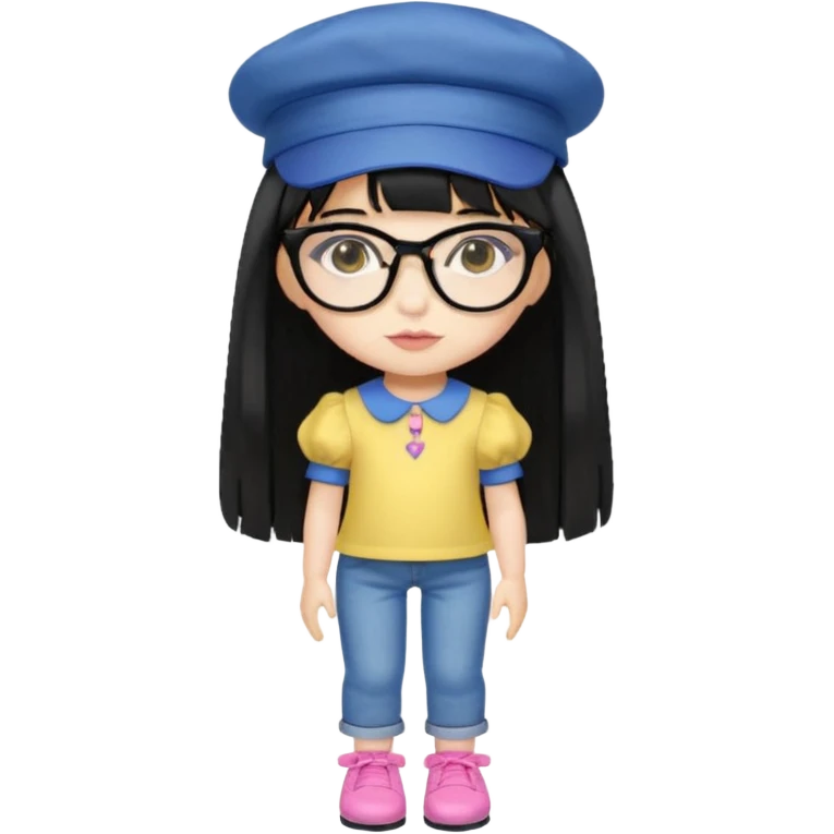 A yellow-skinned girl with long straight black hair, flat bangs, black frame glasses, a white puffy sleeve doll shirt, blue jeans and pink shoes, and a black painter's hat，no yellow spikes. emoji