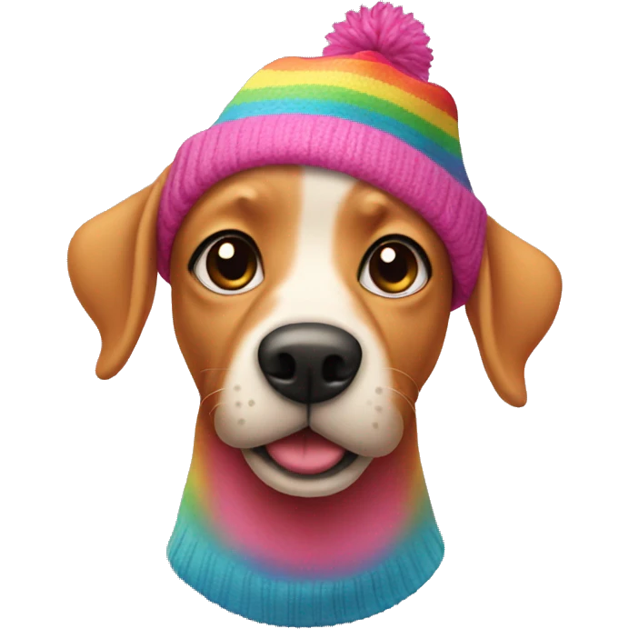 Pink dog wearing a rainbow beanie emoji