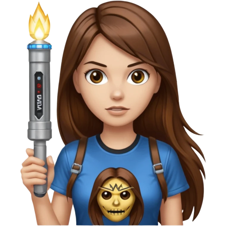 a female with long straight brown hair and brown eyes wearing a iron maiden shirt holding a flashlight  emoji