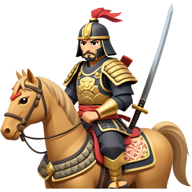 clash-of-clans-aesthetic_-cinematic-fearsome-and-majestic-samurai-bust-portrait-emoji, rendered in a flat, vector-style with minimal shading and bold, simplified shapes typical of emoji art, depicting a battle-hardened samurai with steely eyes and traditional Japanese armor, riding a noble warhorse adorned with an intricately designed saddle and fluttering banners, against a backdrop of cherry blossoms and a rising sun. emoji