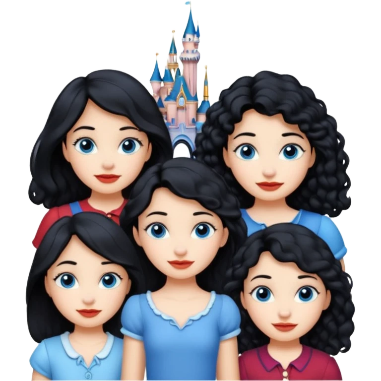 escribe el nombre Disneyland Paris y para titulo, pon a quatro chicas: una pelo corto negro, una pelo rizado largo, una pelo largo liso y la otra pelo ondulado mediano, esta con el ojos azules. Todas tienen piel carne y pon las chicas por los sitios después del nombre emoji