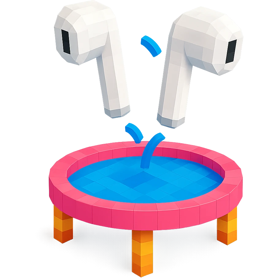 white EarPods headphones with a playful twist, bouncing on a trampoline emoji