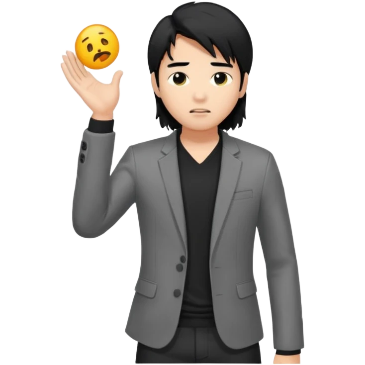 asian young man with long black hair falling on the forehead in grey blazer and black t-shirt  emoji
