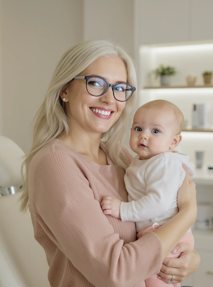 Cinematic still, Proffesional advertising of a smiling european white woman with glasses smiling holding baby, minimalistic ophthalmologist interior in background, leading  lines, "rule of thirds", 60/30/10 colors, soft light, warm colors emoji