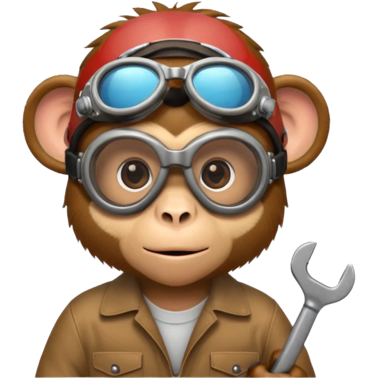 Curious monkey with goggles, holding a wrench or small gadget. emoji