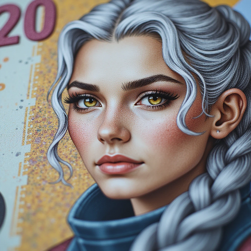 close up of a "20 crisp" banknote. futuristic, cyberpunk. stellar and planetary style designs adorn the bill. the face pictures is a woman in her 20's, gold yellow eyes, white hair in a single long braid, side of head shaved. she wears a military flight bdu emoji