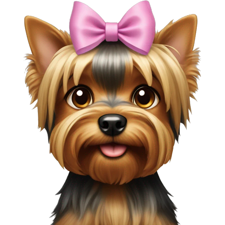 Giant Dog Yorkshire Terrier with bow on the head on the hands of a girl  emoji