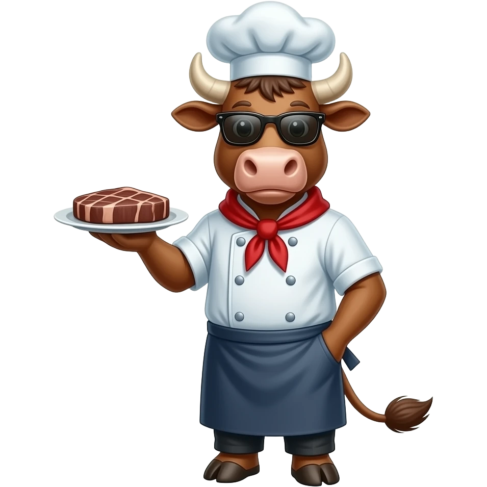 a  cool male brown cow with chef hat sunglasses serving you a steak emoji