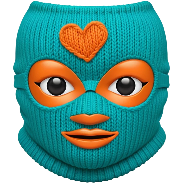 teal and orange ski mask with heart eyes emoji
