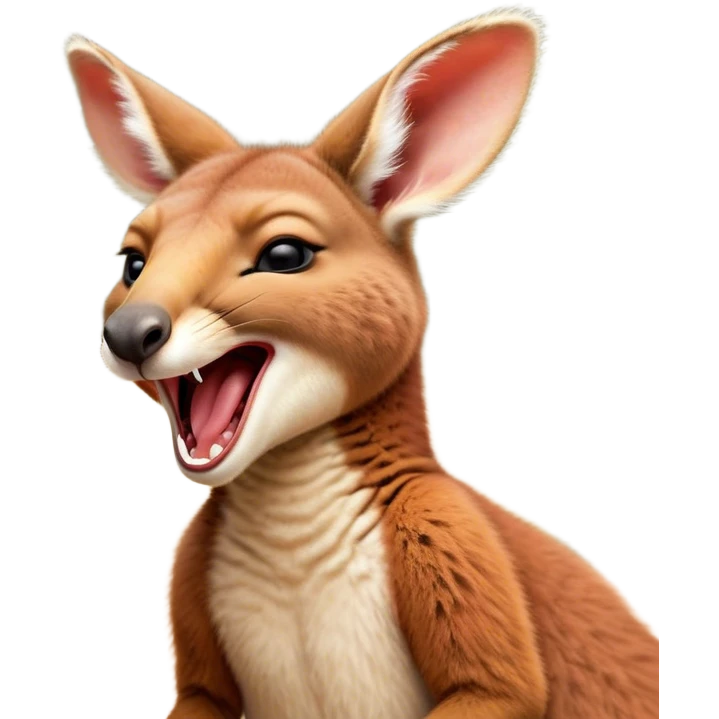 Cinematic Cute Yawning Kangaroo Portrait Emoji, Head tilted slightly with a dramatic, wide-open yawn, showcasing a soft, downy red-orange fur with gently drooping ears and round amber eyes barely open in drowsy contentment, Simplified yet irresistibly adorable features, highly detailed, glowing with a soft, cozy glow, high shine, relaxed yet expressive, stylized with a touch of outback charm, bright and endearing, soft glowing outline, capturing the essence of a sleepy yet affectionate kangaroo, so drowsy it feels like it could stretch out of the screen and curl up for a nap! emoji