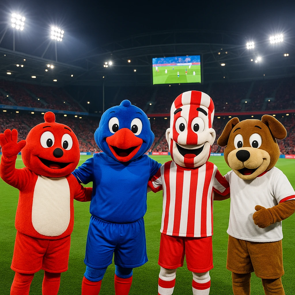 A fun, casual night scene in a modern soccer stadium: five mascots in colorful costumes stand on a green field under bright stadium lights. From left to right: red and white mascot, blue and red mascot in the center, white and red striped mascot, brown and white mascot on the far right. Red seats, a large screen with a soccer match, distant crowd, and vibrant team spirit fill the scene. emoji