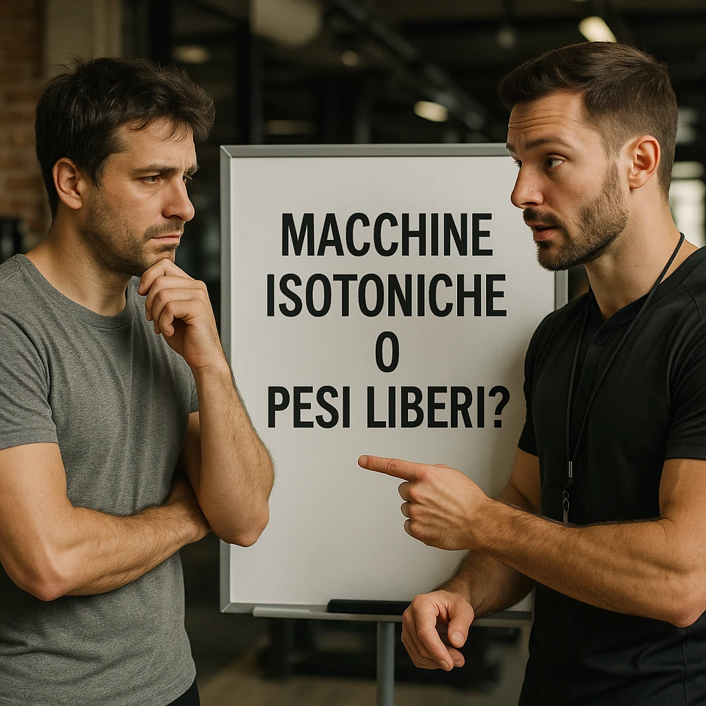 Realistic detailed scene of a man in a gym asking advice to a personal trainer, both looking at a whiteboard with Italian text 'Macchine isotoniche o pesi liberi?', atmosphere of discussion, 4K quality. emoji