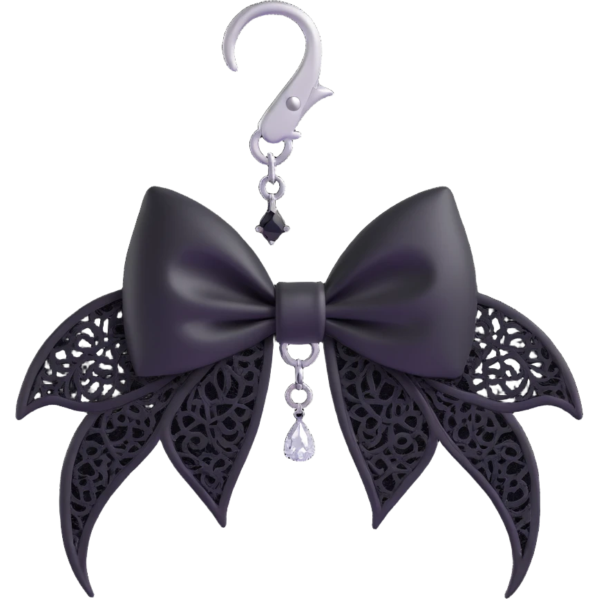 3D emoji gothic bow, white leather, silver bat charm, black lace overlay, single black teardrop gem emoji