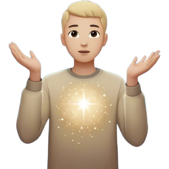 A young man stands in a vast, starry universe, surrounded by floating particles of light. Each particle represents a choice, a moment, a memory—his personal universe. He reaches out, touching one, knowing that everything he does stays in this space forever. universe around him emoji