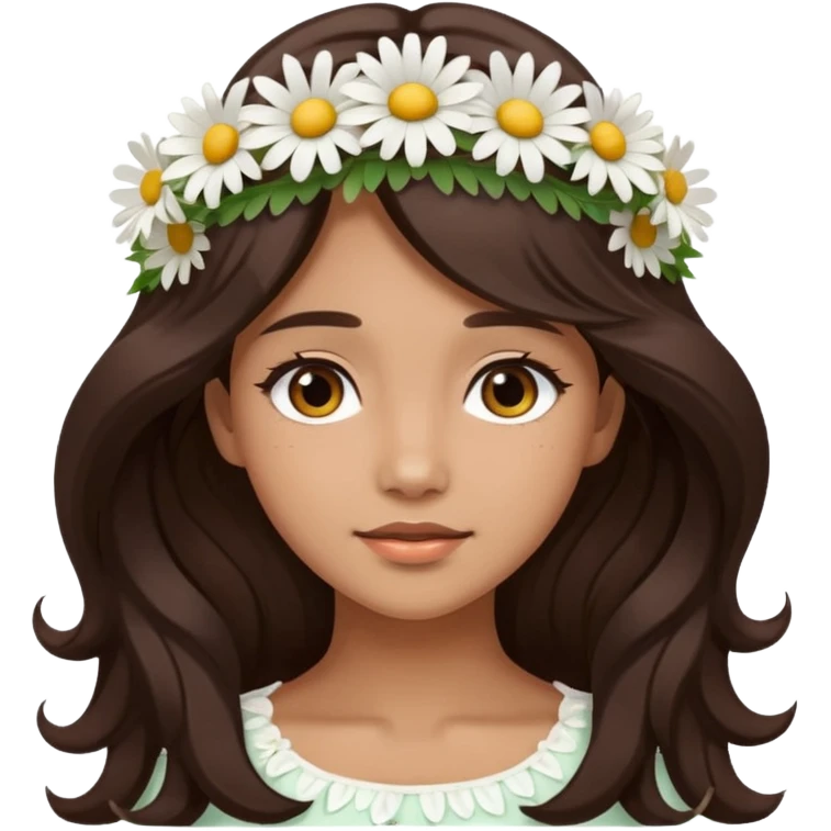 Medium skin tone female, long dark-brown hair with gentle waves, wearing a white daisy floral crown. emoji