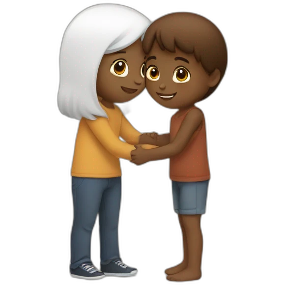 brown girl with white skin hugging a brown boy with white skin shorter than her emoji