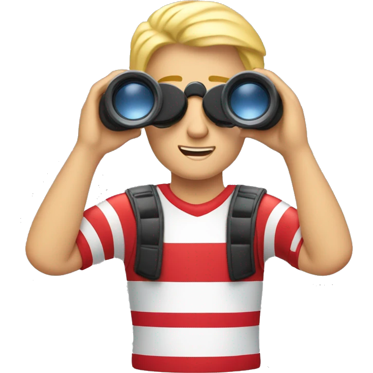 Blond Man with red and white sports shirt making binoculars expression with hands emoji