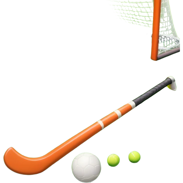 A field hockey stick and ball on a vibrant green grass field, with goalposts and clear field markings in the background. The scene emphasizes the bright, lush grass, highlighting the fast-paced and strategic nature of hockey on a well-maintained pitch. emoji