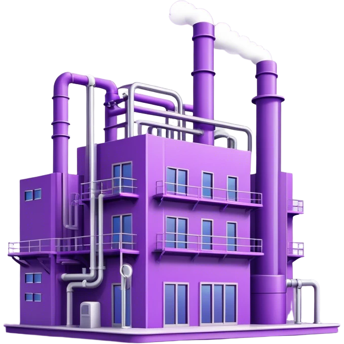 Minimalistic factory building in purple and violet tones, with pipes, emoji