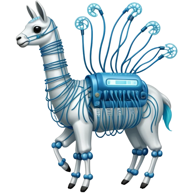 A high-tech llama made of electric wires and cables with rubber scales that reveal its electric skeleton, possessing both jellyfish-like tendrils and the ability to generate electrical pulses that illuminate the ocean depths. emoji