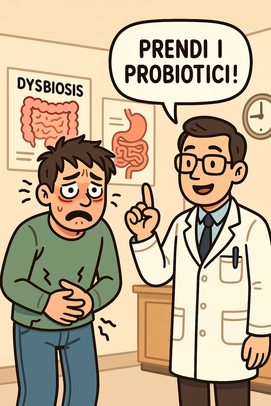 Uomo che ha disbiosi evidente e il dottore gli dice "Prendi i Probiotici!" emoji