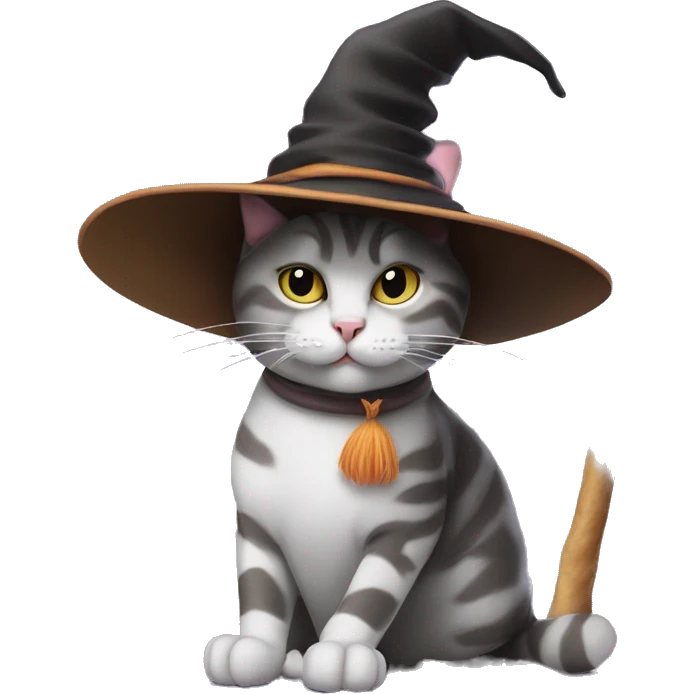Cat with a witch hat while having a long smoke stick like a chic witch cat emoji