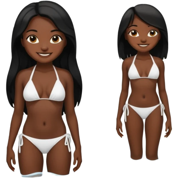 Dark black skin, african girl, long black hair, white bikini smiling, full body, posing emoji