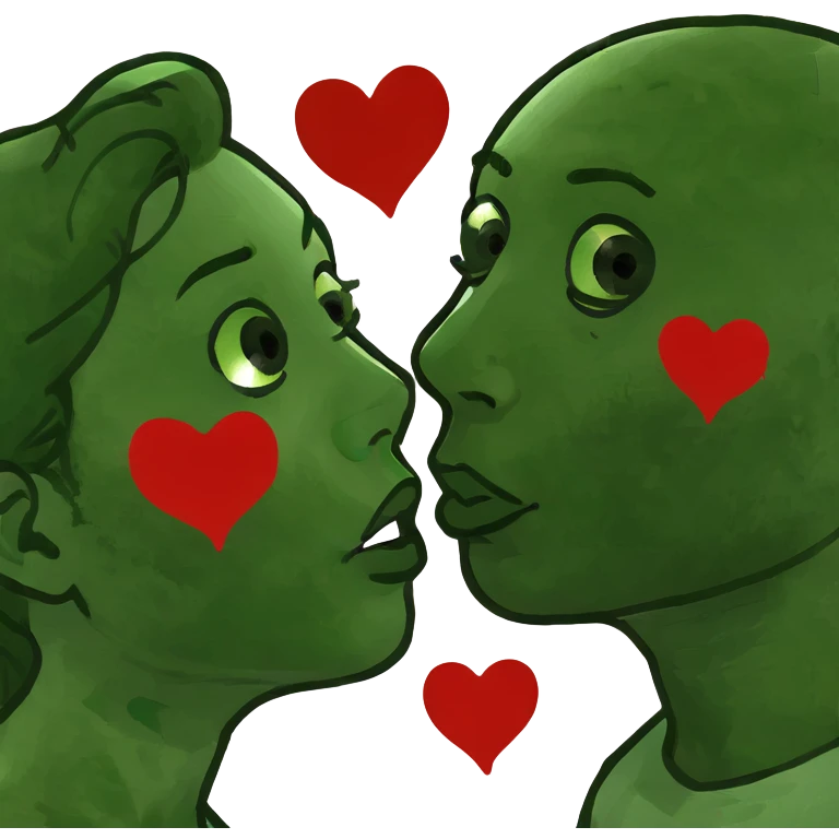 Couple of blonde girl and boy with black hair and fair skin is kissing with a lot of hearts around them emoji