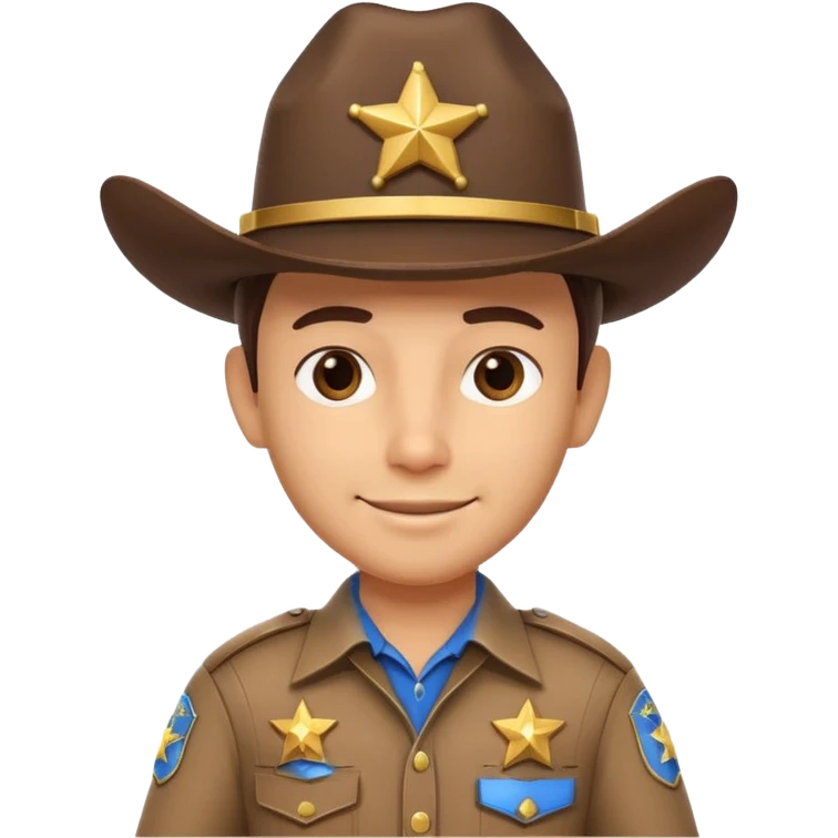 cute sheriff cowboy portrait, head and shoulders only, cowboy hat, sheriff badge on chest, confident smile, western uniform collar, 3D cartoon, mobile game icon style, clean background, no text, no watermark
 emoji