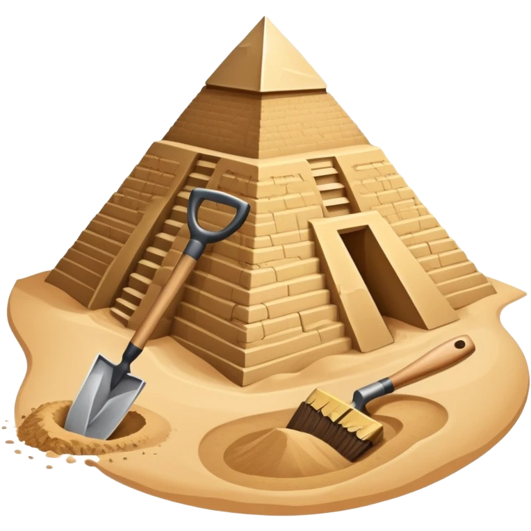 An icon showing archaeological tools like a trowel, brush, and pickaxe placed on sandy ground, with an Egyptian pyramid in the background. The design symbolizes excavation and discovery of ancient history, blending tools and iconic landmarks. Transparent background. emoji