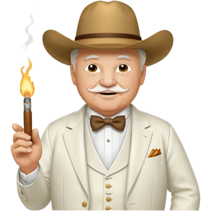 Create an emoji of an older, chubby man wearing an elegant all‑white suit with white waistcoat, white bow tie, and a large white cowboy hat. He is smirking confidently and holding a lit cigar in one hand in front of his chest. The character should look like a greedy, arrogant rich politician. emoji