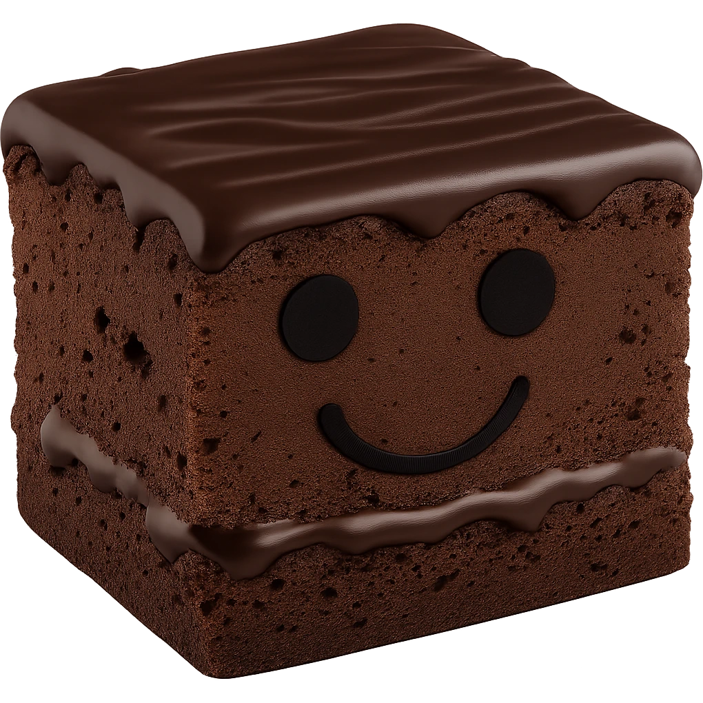 Make the chocolate sauce on top of the brownie a bit darker. Keep the brownie short and rectangular, with a black smiley face and black eyes. The background should be transparent. emoji