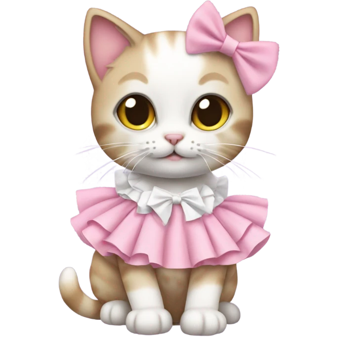 Kitten dressed in cute frilly pink and was white clothes with a bow emoji