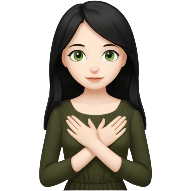 Pale girl with long black hair and olive green eyes soft smile wearing black dress and holding hands over her chest emoji