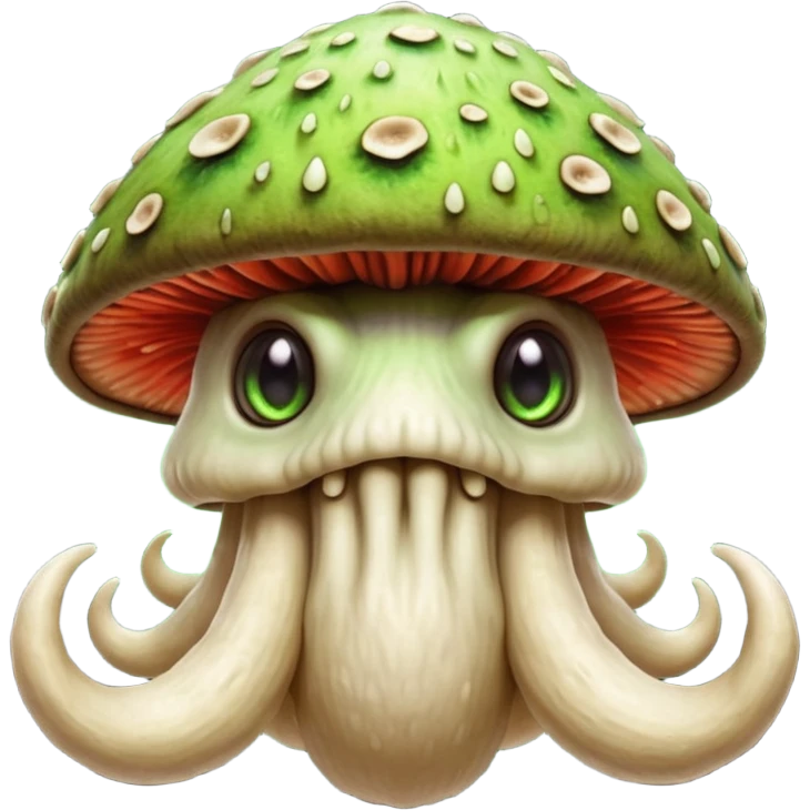 poisonous mushroom beast portrait, head and shoulders only, creature made mostly of mushroom flesh, thick mushroom cap head, layered fungal textures, toxic green spore glow, animal-like eyes, fantasy monster pet vibe, 3D cartoon, mobile game icon style, clean background, no text, no watermark

 emoji